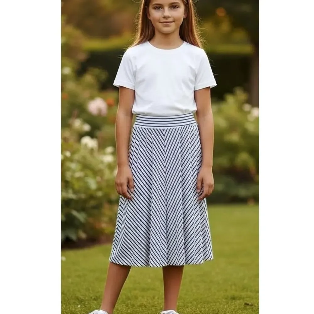 Girls Blue White Striped A-Line Midi Skirt Tween Preteen Small 6-6X Cherokee